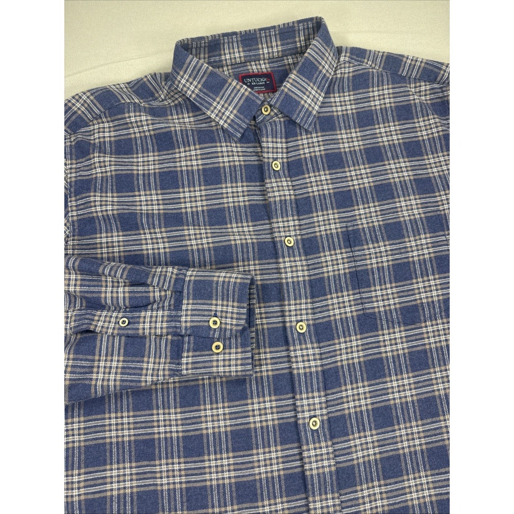 Untuckit Men's XXL Blue Brown Plaid Flannel Long Sleeve Cotton Soft